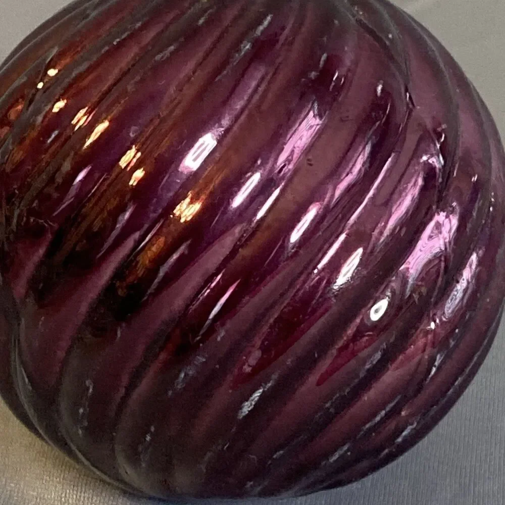 Kugel Inspired Blown Glass Ball Ornament Purple Ribbed Swirl Christmas Decor
